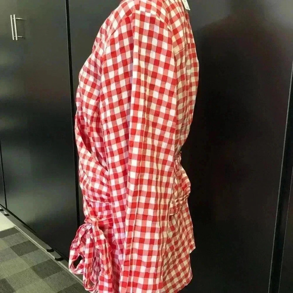 Lane Bryant Fit & Flatter Gingham Red/White V-neck Long Sleeve tie waist wrap - Picture 6 of 11